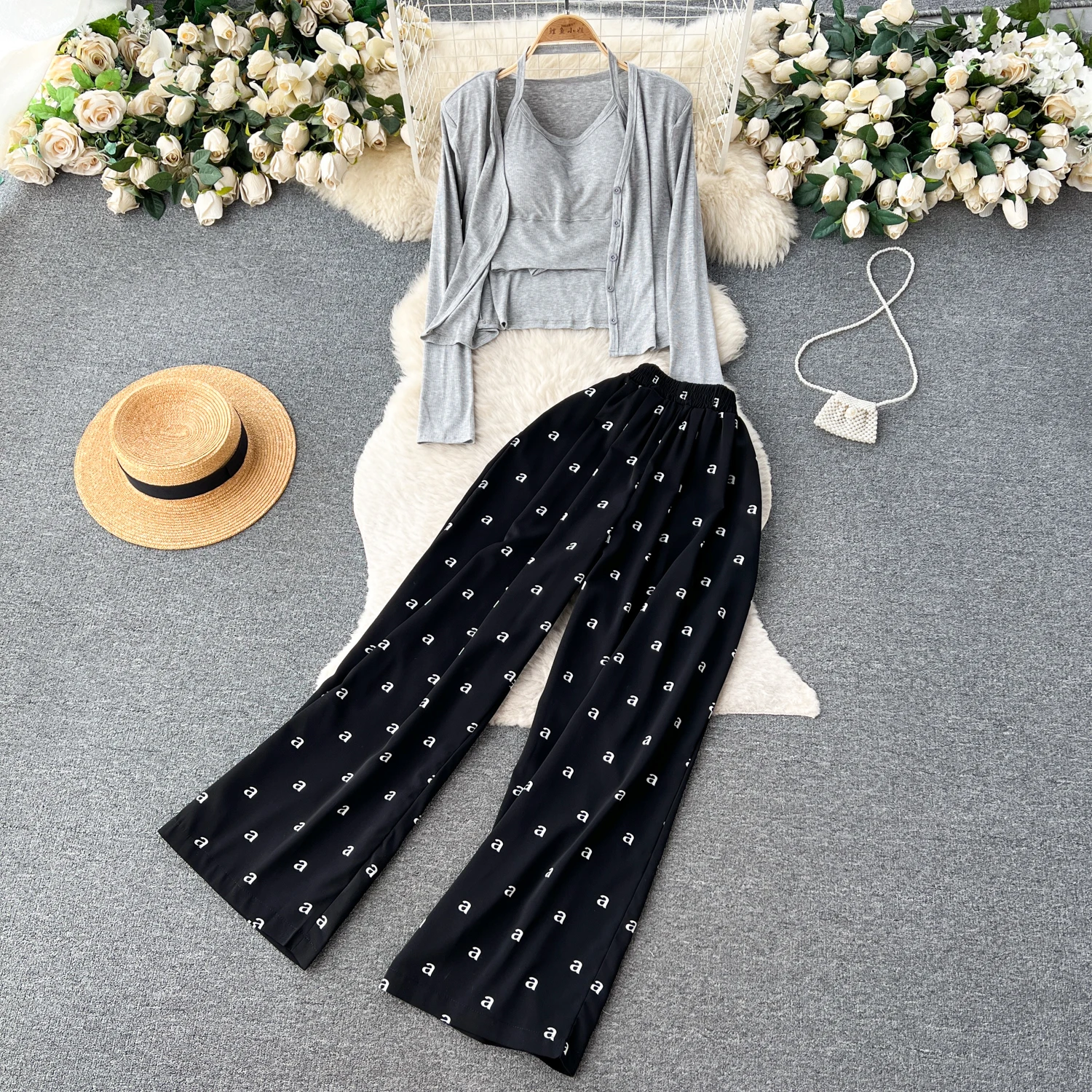 

2023 Casual minimalist versatile hanging neck vest+long sleeved sun protection shirt jacket+letter printed wide leg pants