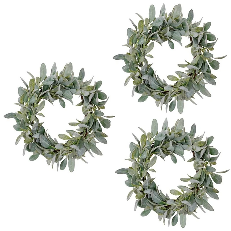 

3 Pcs Spring Flocked Lambs Ear Wreath Set Kit Year Round Everyday Foliage Wreath On Grapevine Base With Greenery Leaves Kit