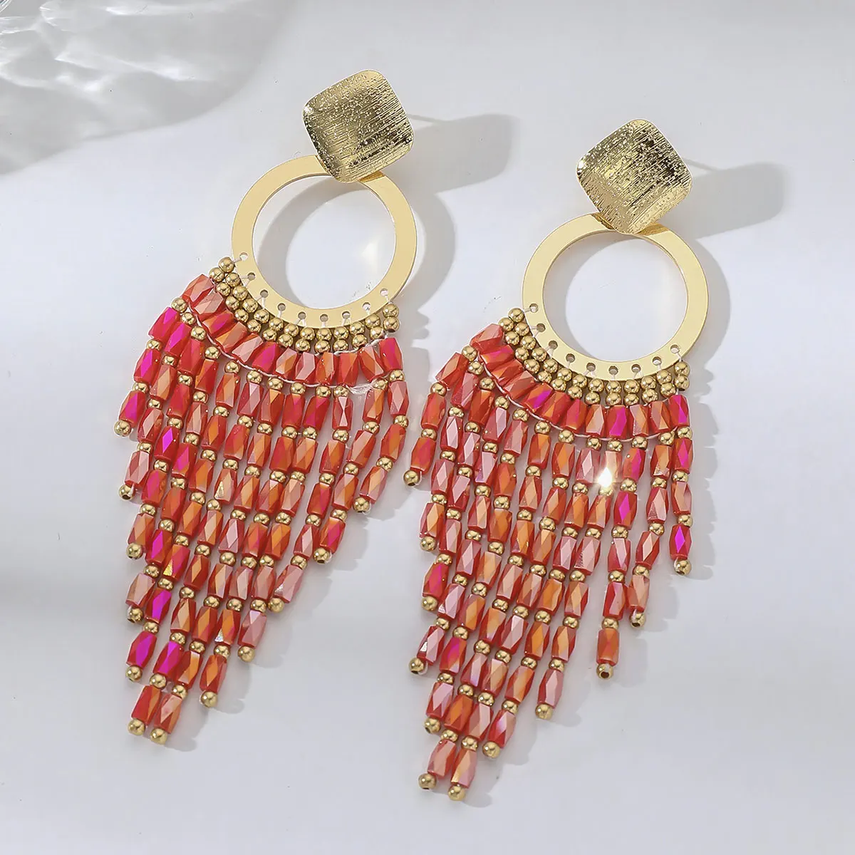 Bohemian Ethnic Crystal Beads Long Tassel Earrings for Women Vintage Elegant Geometric Metal Drop Earrings Handmade Jewelry Gift