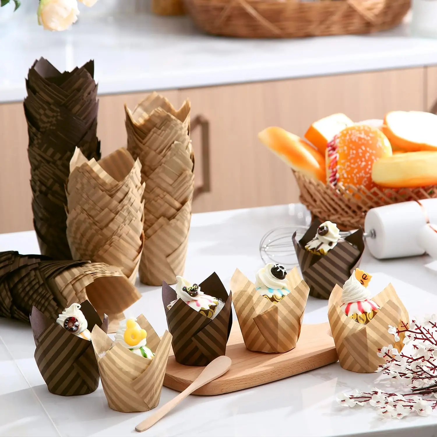 100 Pirottini Per Muffin E Cupcake A Tulipano, Carta Da Forno Rosa, Resistenti Al Grasso, 5x8cm