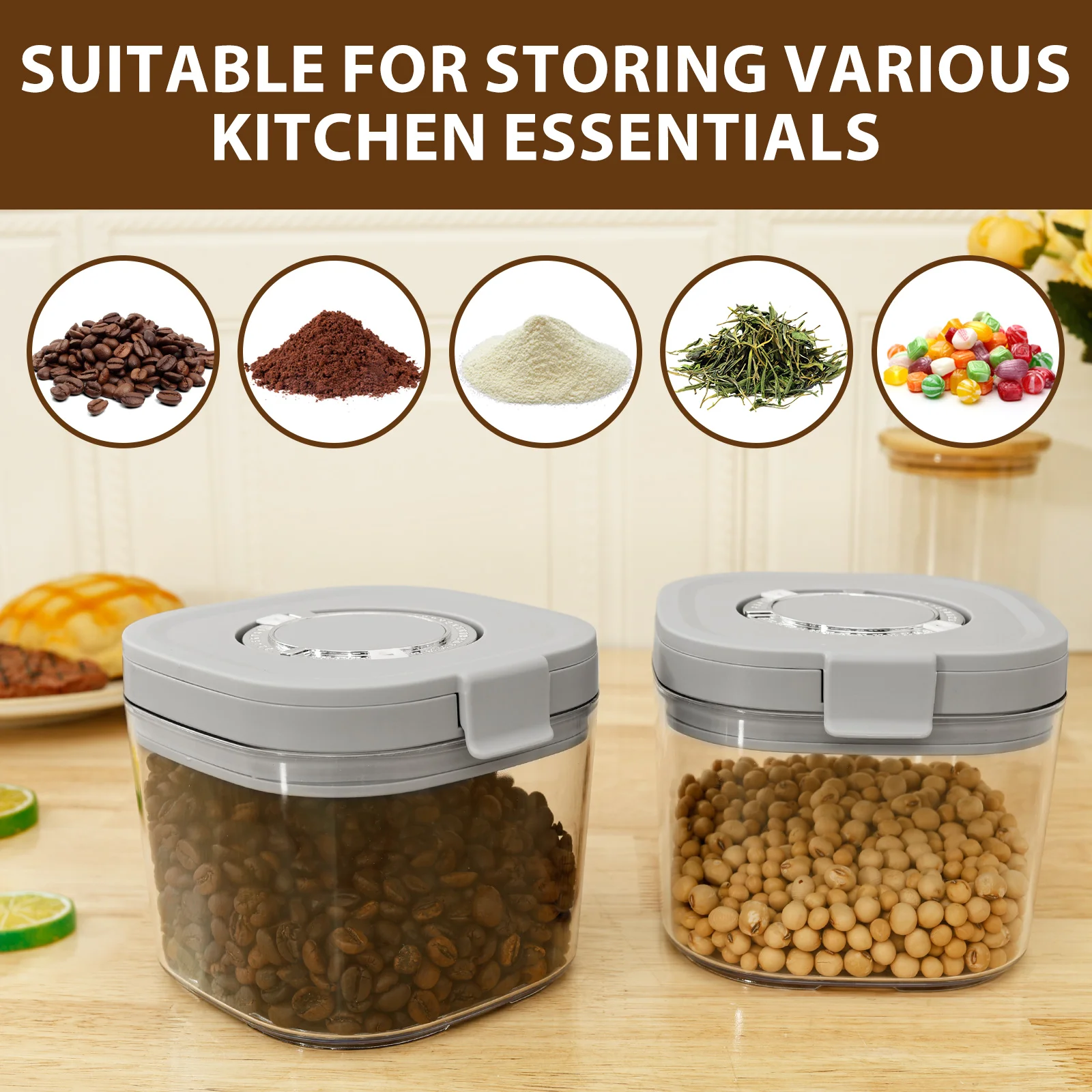 2Pcs Food Storage Jar ABS Airtight Coffee Canister with Scoop Stackable Coffee Bean Storage Container for Tea Sugar Flour Cereal