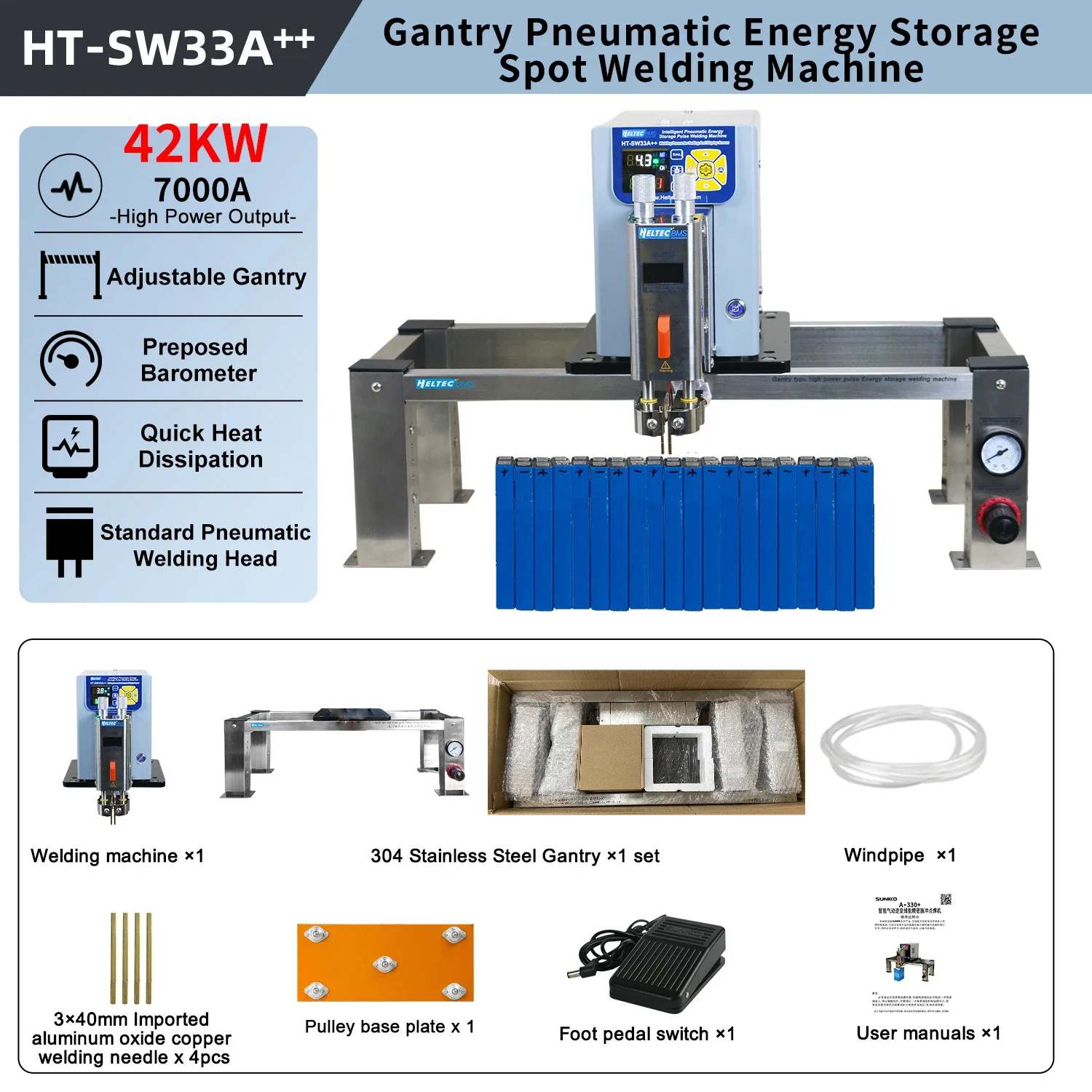 HeltecBMS Penematic press down 42KW 7000A Lithium Battery Spot Welding Machine High Power Spot Welder with Air Compressor