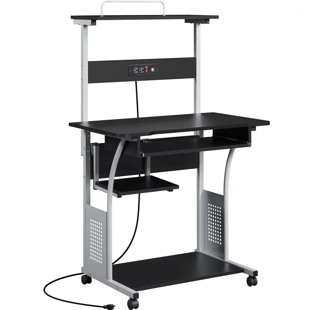 3 Tiers Computer Desk with Charging Station Printer Shelf for Home Office, Black,31.50 x 20.00 x 52.00 Inches