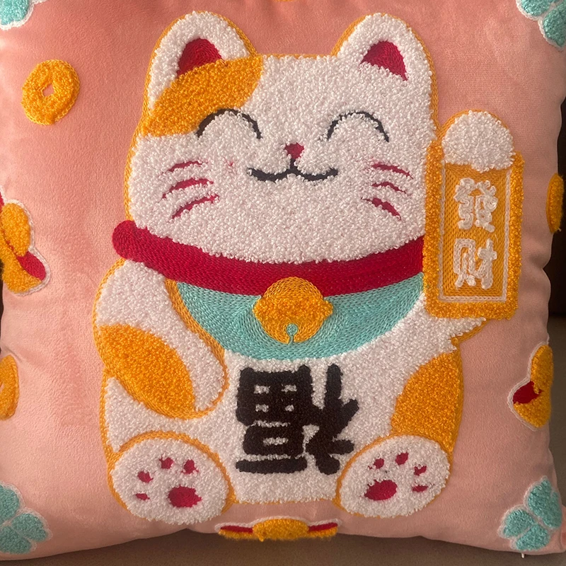 Cartoon Lucky Rich Cat Embroidered Pillowcase Back Cushion Cover Sofa Home Decor Kids Child Gift