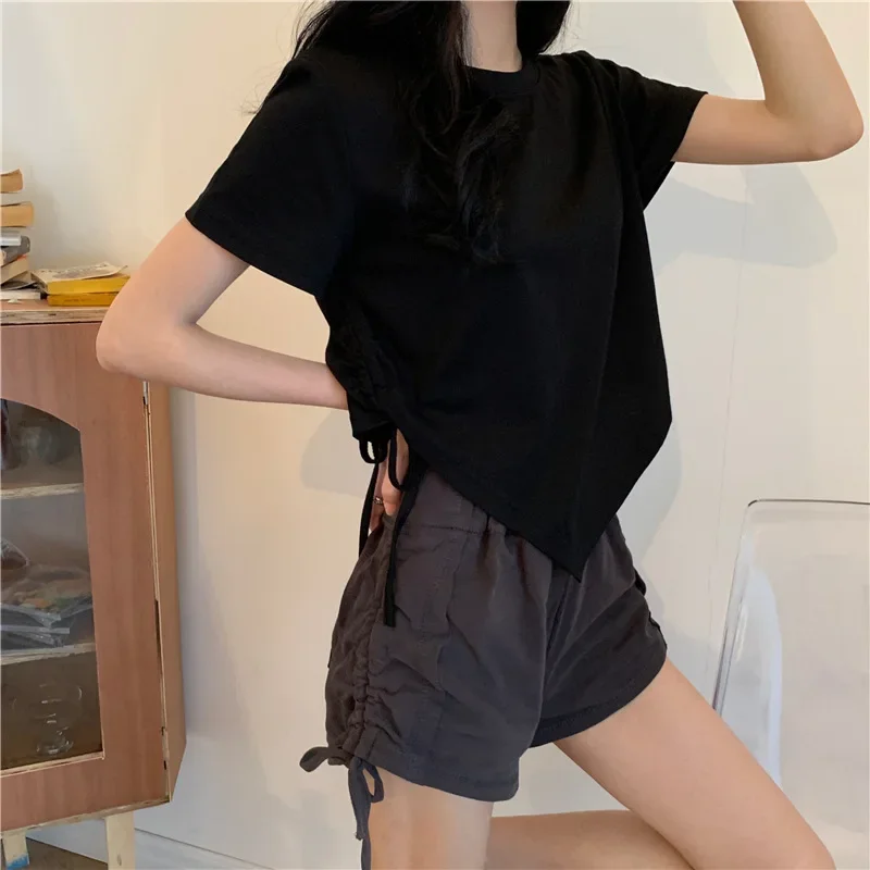 

Irregular drawstring short sleeve t-shirt women 2023 new summer ins versatile student hottie top