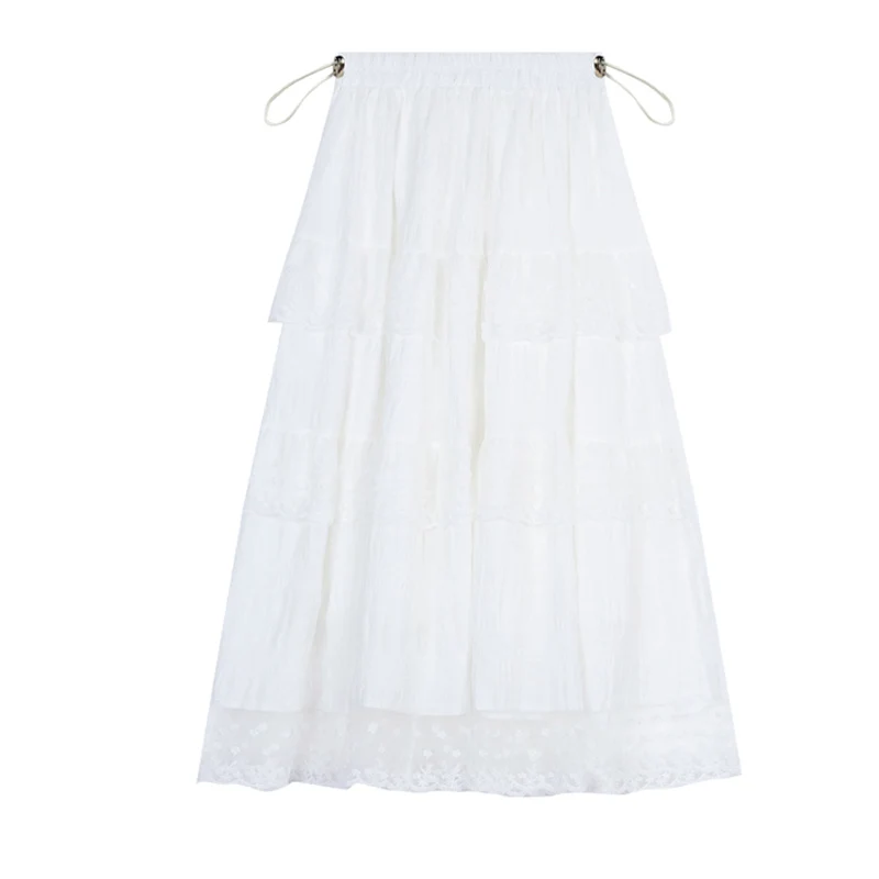 French Style Pregnant Woman Lace Skirts for Summer Sweet Mesh Hem Patchwork Drawstring Waist Elegant Maternity Long Cake Skirt