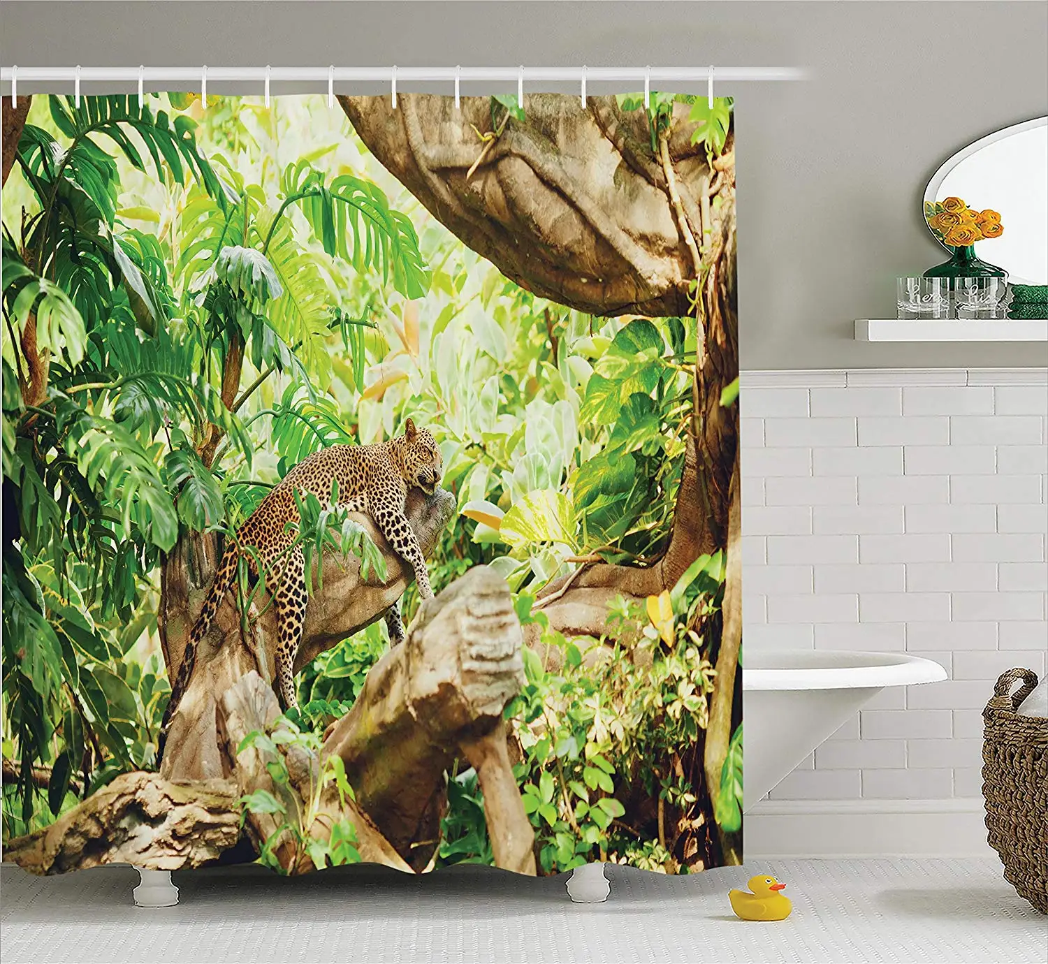 

Leopard on Branch In Tropical Jungle Bathroom Curtain Modern Home Decor Waterproof Shower Curtains