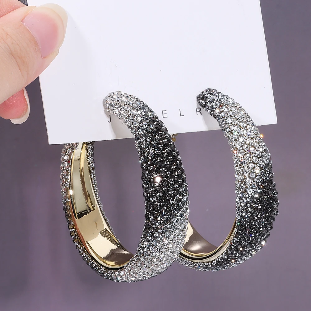 New Fashion Rhinestones Big Hoop Earrings Exaggerate Shiny Crystal Earrings Geometric Round Jewelry Gifts For Women Girls