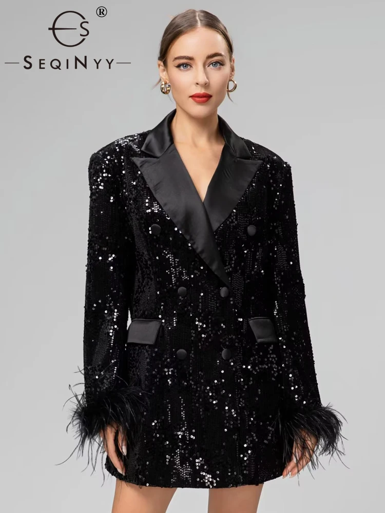 

SEQINYY Black Long Blazer Spring Autumn New Fashion Design Women Runway High Quality Sequined Feather Elegant Office Lady