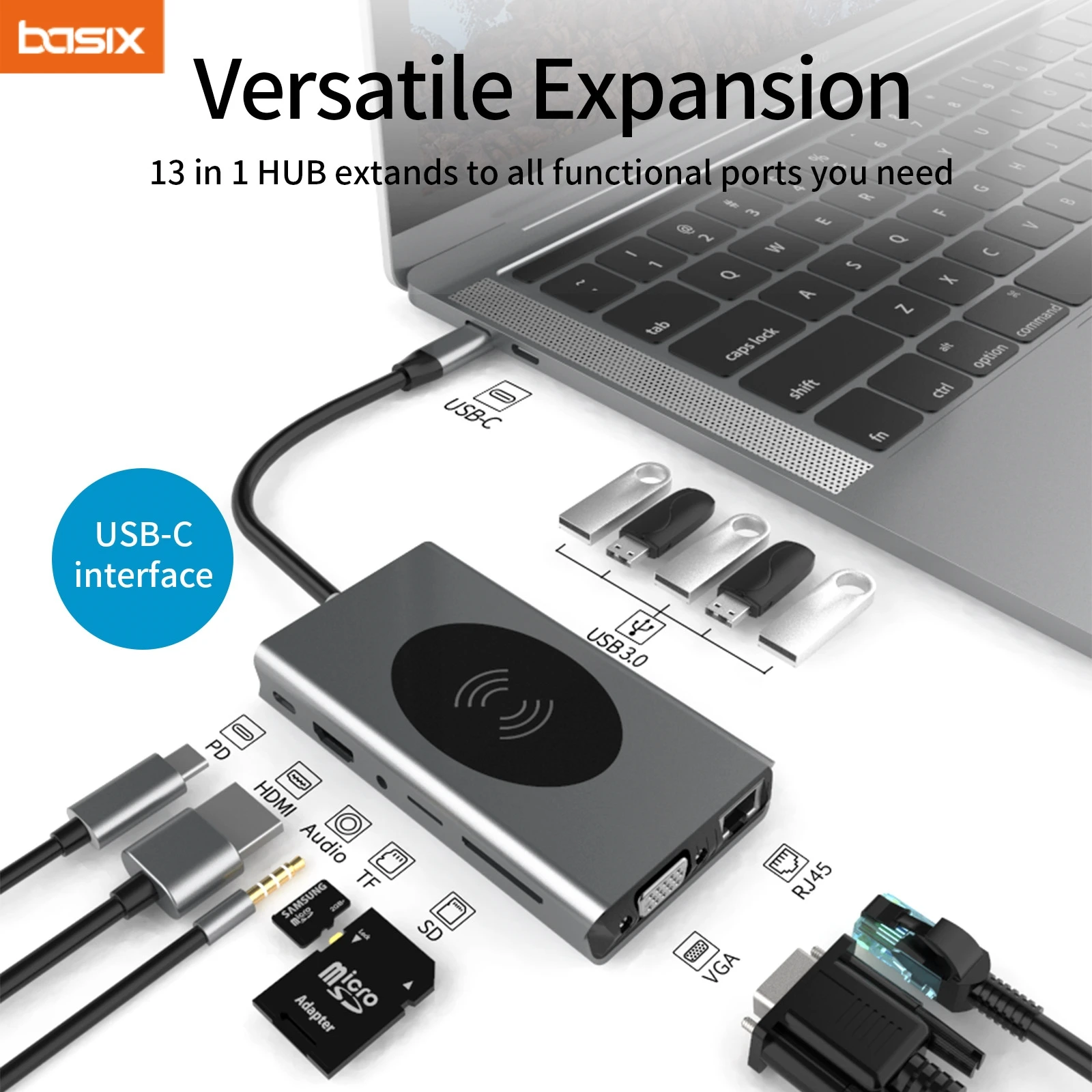 

Basix USB C HUB Dock Station USB 3.0 Type C to HDMI-compatible USB Splitter Adapter with VGA for MacBook Pro M1 Air M2 Laptop PC