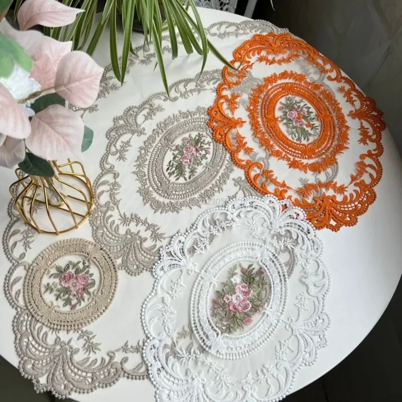 1Pcs Embroidered Dinning Table Cover Table Cloth Elegant Round Lace Tablecloth Coffee Coasters Napkin Party Wedding Decoration