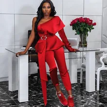 

Jumpsuits Solid Color Sexy One Shoulder Short Sleeve Ruffle High Waist Slim Party Trousers Women's Jumpsuit Spring Summer