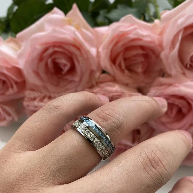 Tungsten Carbide Ring for Men Women Wedding Band Light Blue Carbon Fiber Meteorite Inlay Polished Shiny Comfort Fit - Image 6