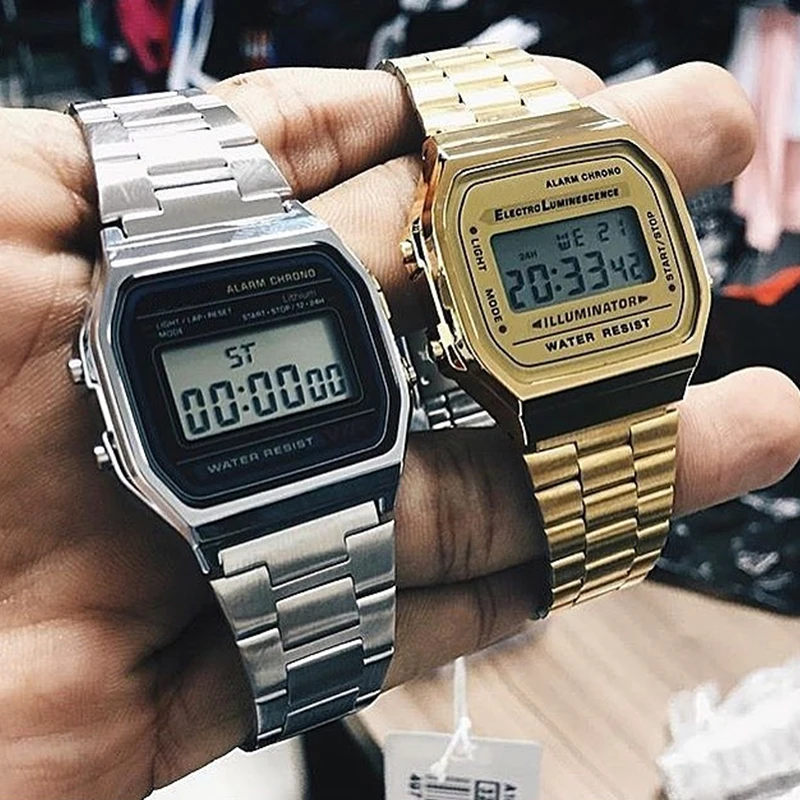 F91W-relojes digitales para Hombre, pulsera de lujo con eslabones de acero inoxidable, pulsera electrónica de negocios