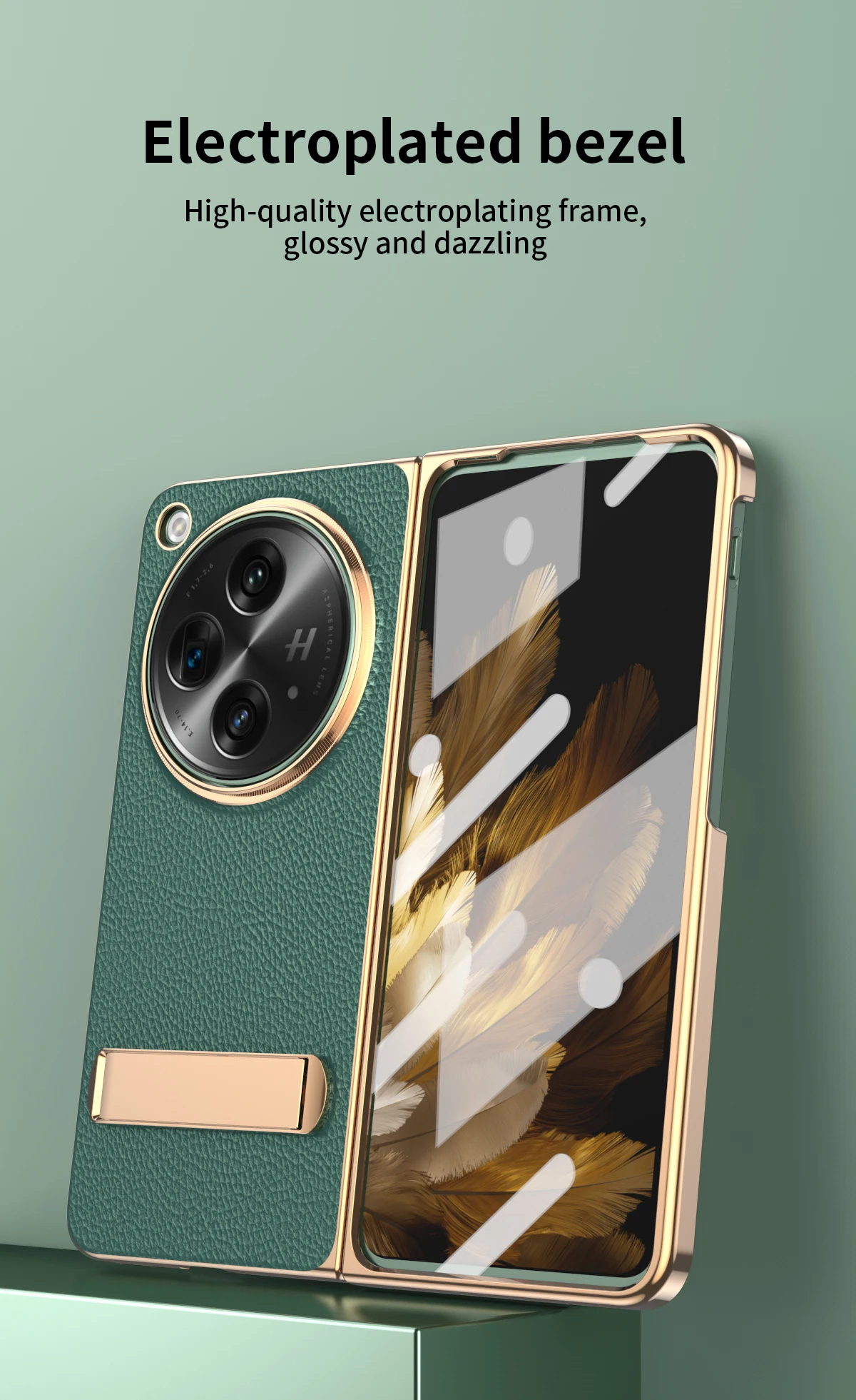 Phone Case For OnePlus Open OPPO Find N3 Pu Leather Trim Plating Plastic Kickstand Cover With Front Screen Protector_voghion.com