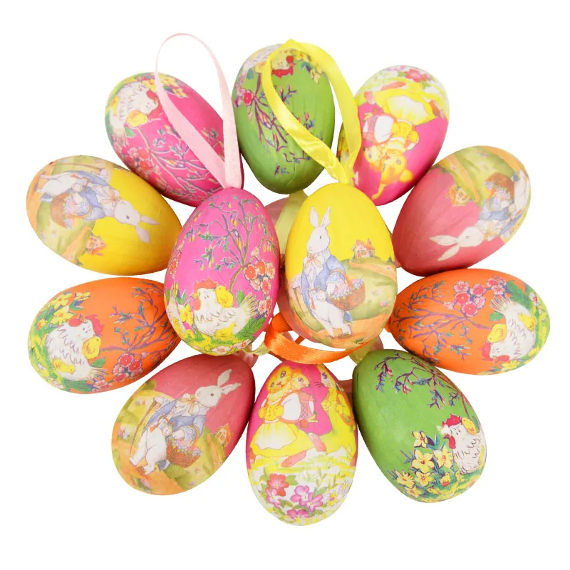 12 Uova Di Pasqua Decorative In Plastica Multicolore Con Nastri - Decorazioni Per Albero E Cestino Pasquale