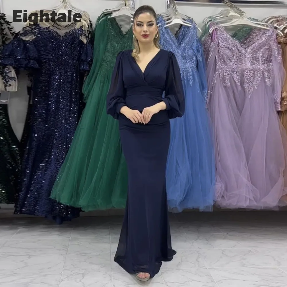 

Eightale Arabic Evening Dresses for Wedding Party V-Neck Chiffon Mermaid Long Puffy Sleeves Black Formal Celebrity Prom Gowns