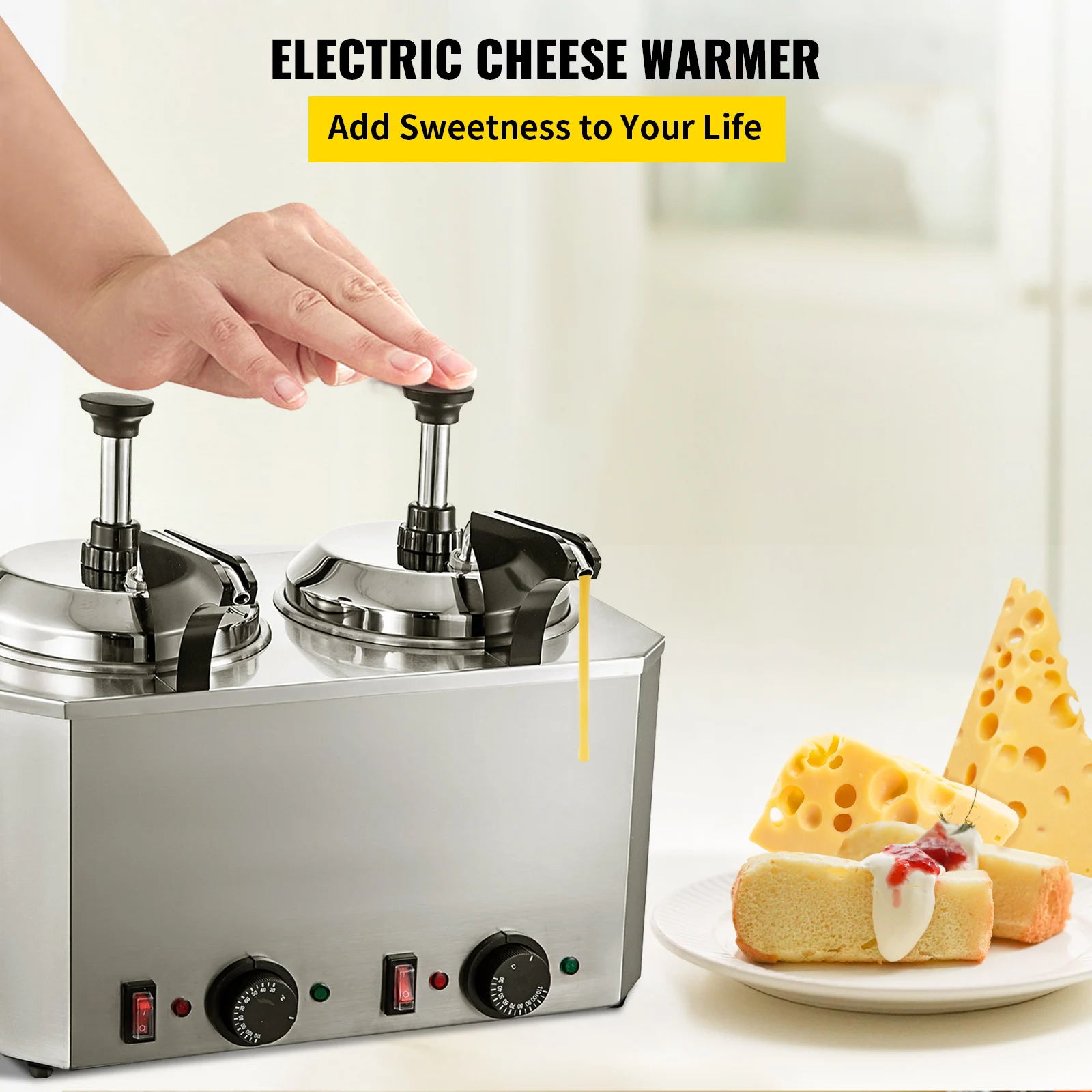 VEVOR Electric Cheese Dispenser with Pump, 2.3 qt Commercial Hot Fudge Warmer, Stainless Steel Pump Dispenser, 86-230 Temp Adjustable Nacho Cheese