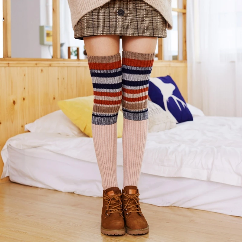 여성 겨울 따뜻한 레그 워머 스트라이프 하이 양말 부츠 커프스 각반 선물