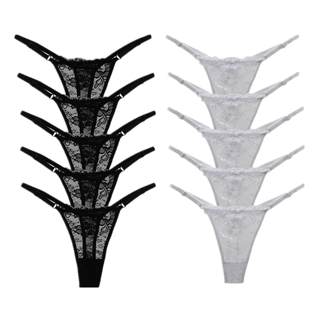 10Pcs Wholesale Adjustable Strap Women Lace G Strings Bulk Low Rise V Shape Thong Set Sexy Girls Panties Perspective Lingerie
