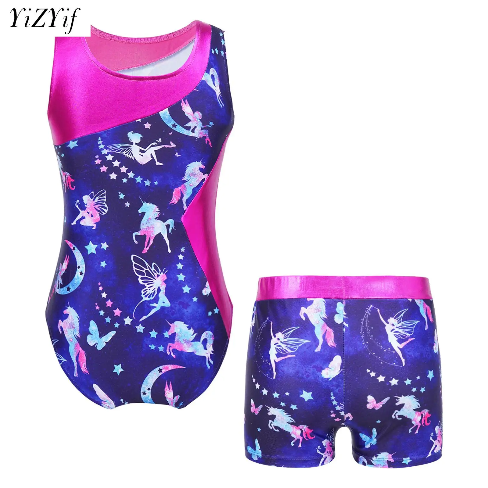 

Kids Girls 2Pcs Ballet Dance Gymnastics Outfits Cartoon Print Leotard Boyshorts Yoga Sport Athletic Unitard Biketard Dancewear