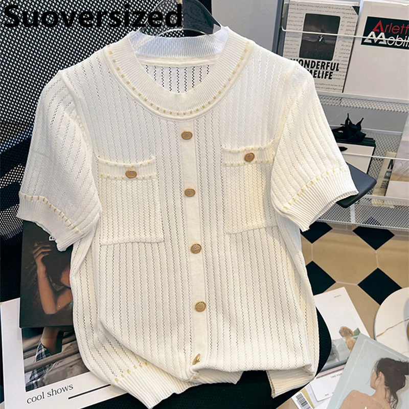 

Elegant Women's Hollow Out Knitted T-shirts Fashion O Neck Short Sleeve Tops Korean Slim Stretch Knitwear Summer Ice Silk Tshirt