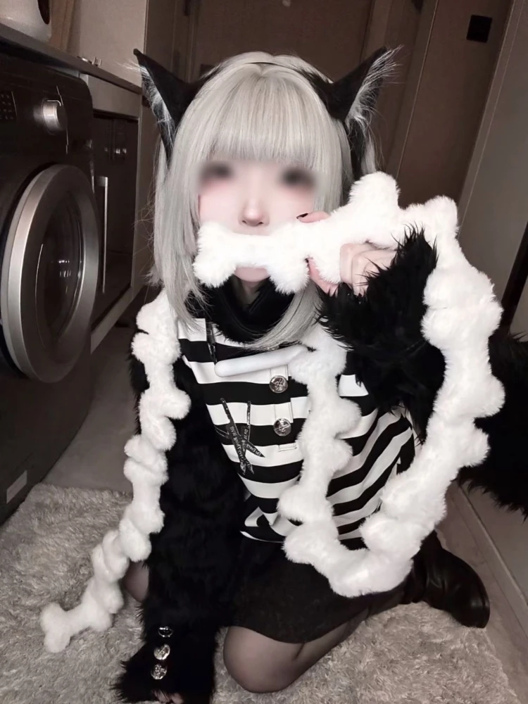 Y2k Aesthetic Furry Bone Long Scarves Streetwear Kawaii Cute Solid Color Women Scarf Winter Harajuku Fairy Grunge Neckerchief