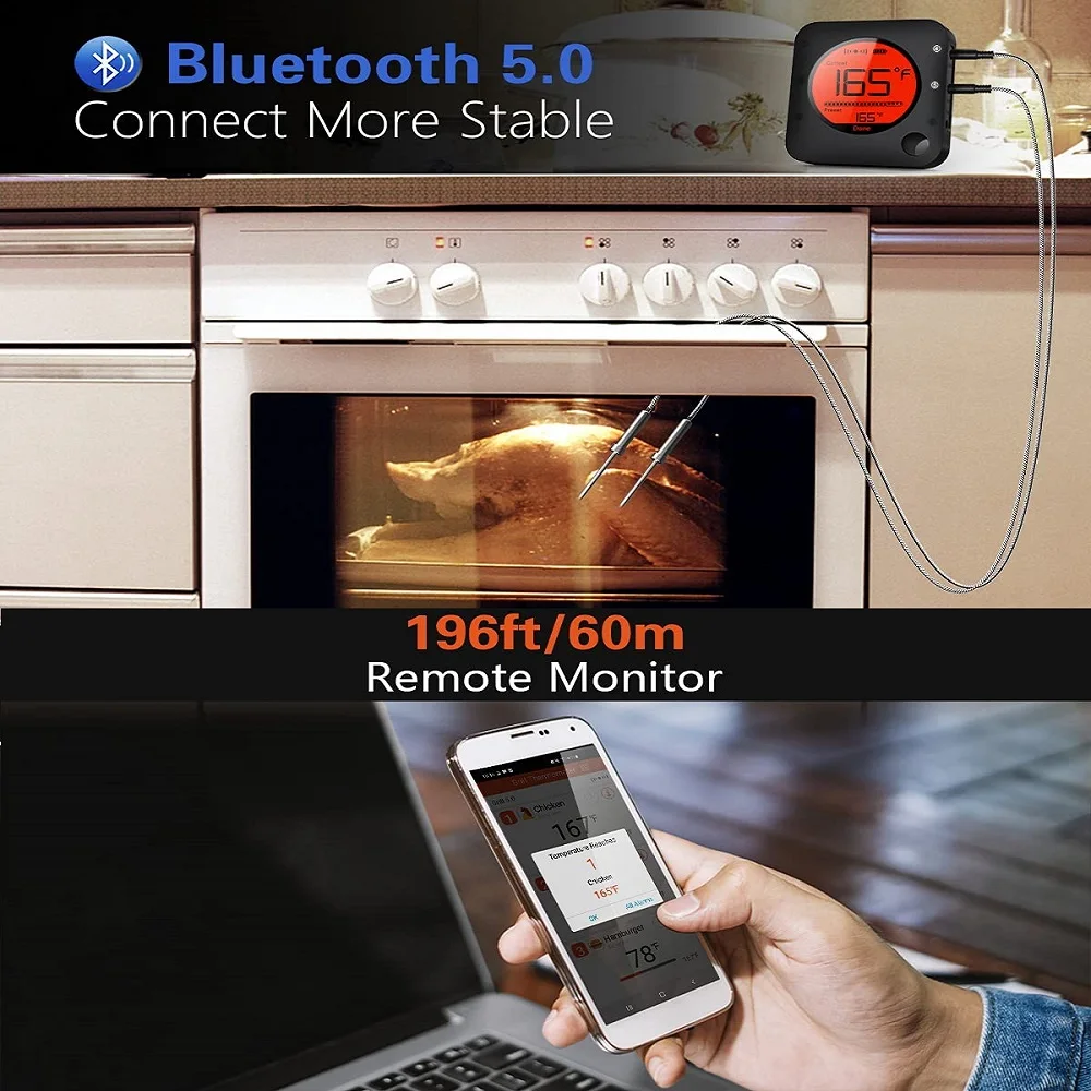 Jinutus Bluetooth Meat Food Thermometer Wireless Digital Grill Kitchen Thermometer With 6 Probes For BBQ Smoker Oven Cooking 4