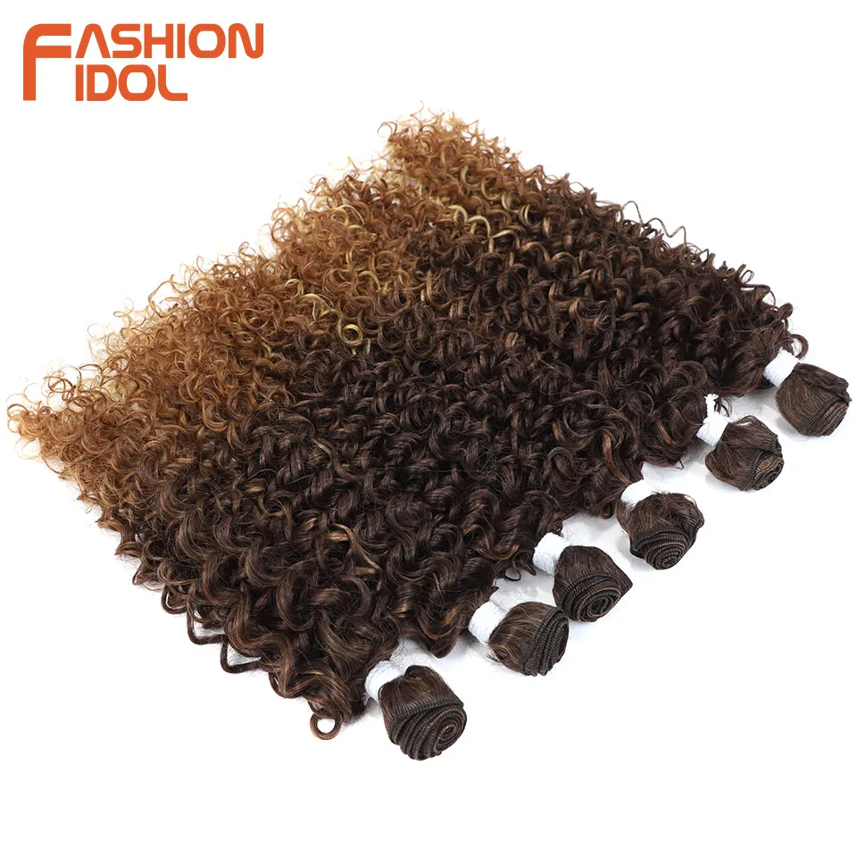 Afro Kinky Curly Hair Extensions 6PCS 14-18 inch Synthetic Hair Bundles Weave Ombre Brown Fake hair extensions