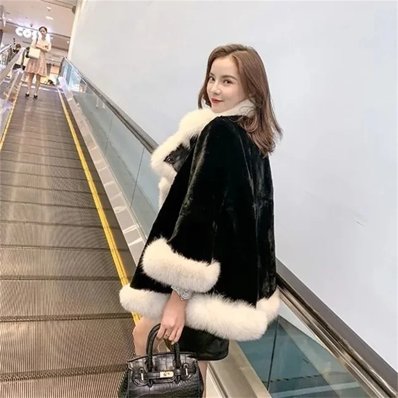 2024 Autumn/Winter New Loose Imitation Mink Fur Coat Women Thickened Fur Cloak Shawl Slimming Coat Cloak Solid Color Commuter W