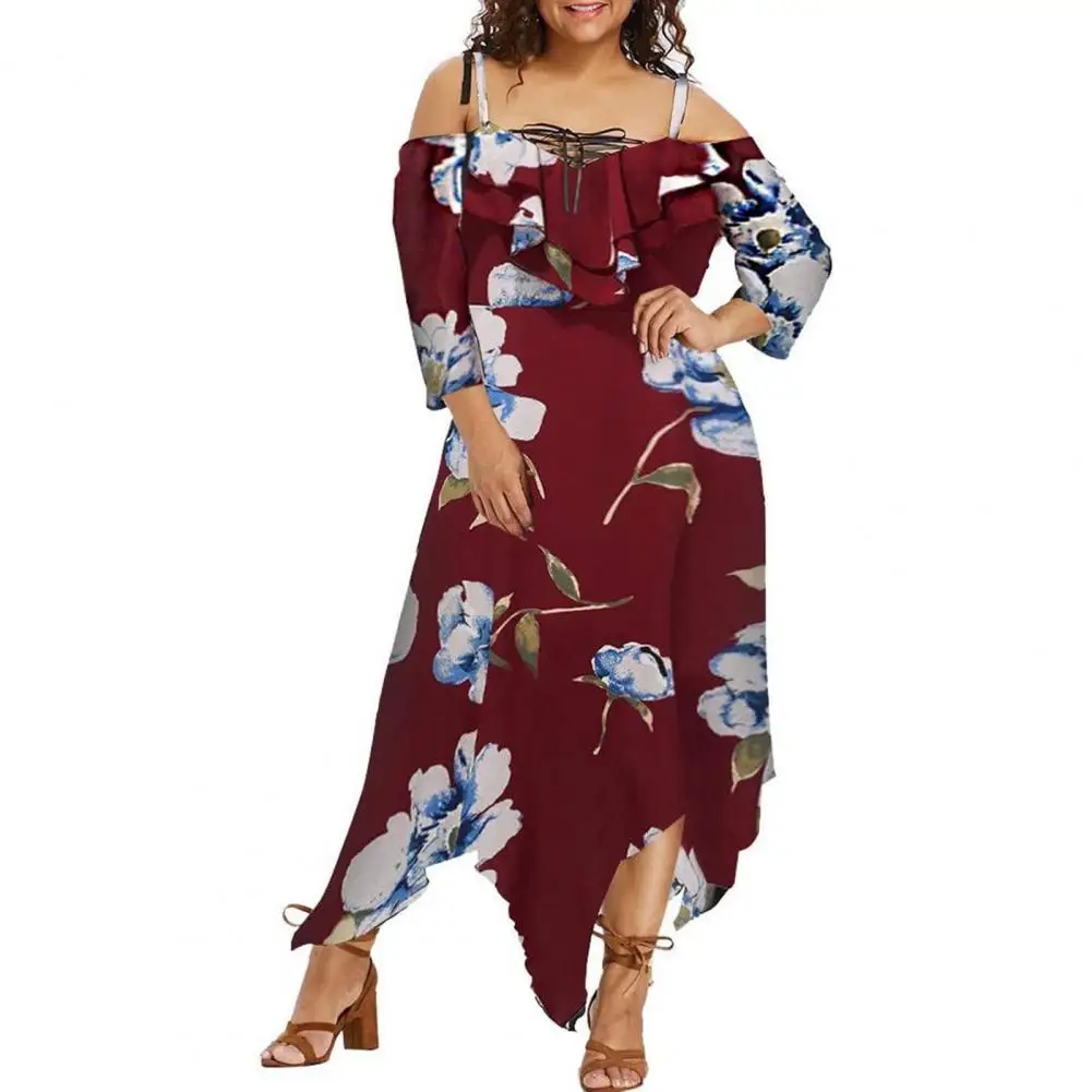 

Irregular Hem Plus Size Women's Dress Sling Floral Chiffon Off Shoulder Lace-up Front Loose Midi Dress Summer 2023