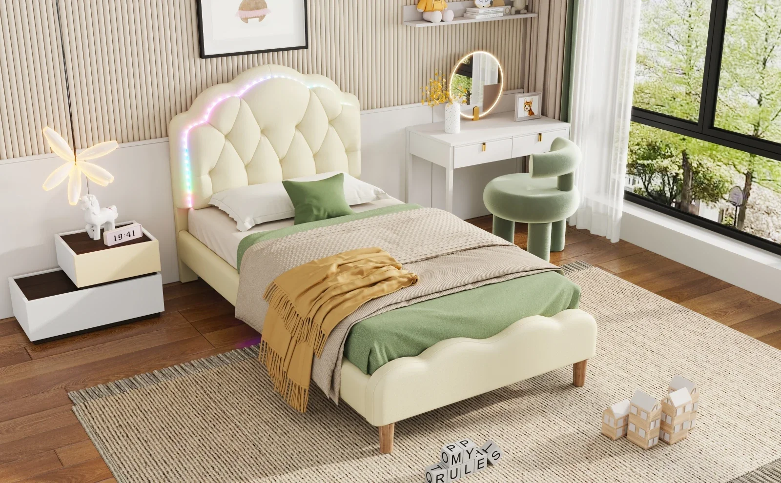 Rosahqnda 90*200cm Kinderbett mit LED-Einzelbettgestell Mädchenbett Polsterbett Jugendbett mit Wellenkopfteil PU weiß – Detail 3