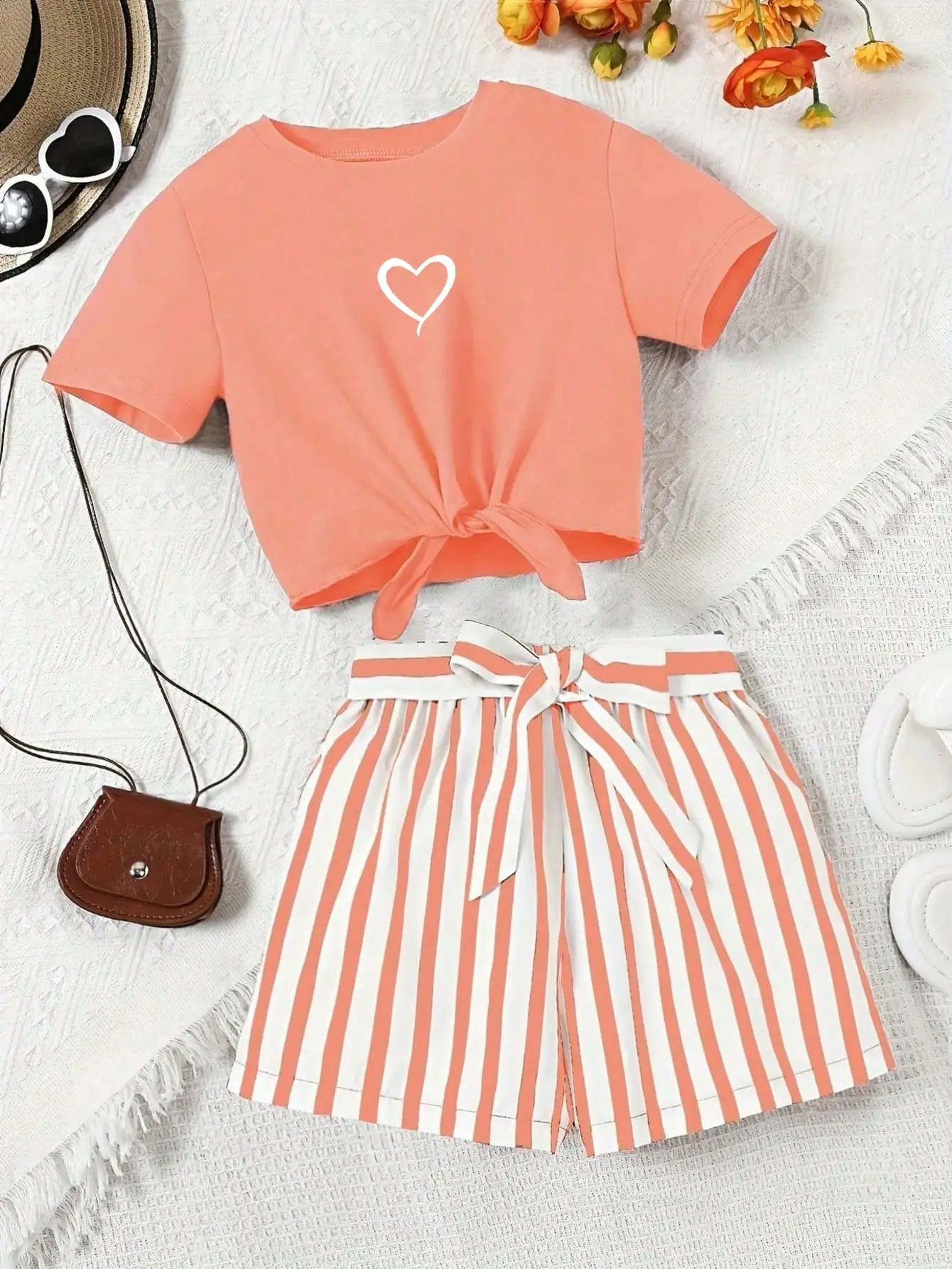 Women's casual daily short sleeved love printed+striped printed shorts 2-piece set with random belt striped children's clothing 3