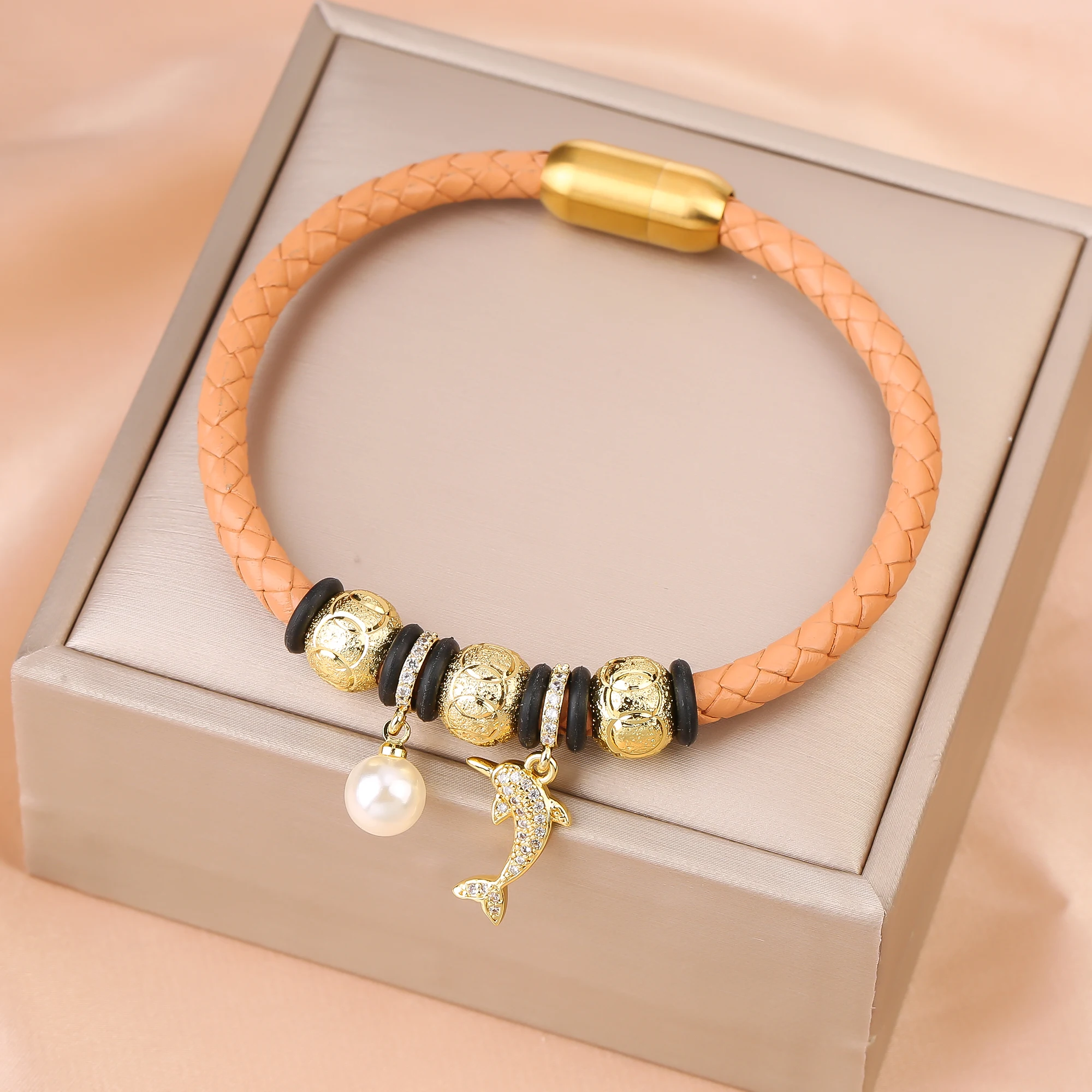 New Arrival Gold Plated Animal Dolphin Stainless Steel Leather Rope Chain Bracelet for Women Holiday Party Fashion Jewelry Gift - Image 3