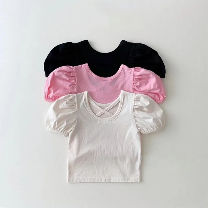 

Girls T-shirt Children's Clothes Short Puff Sleeved Back Baby Shirt Cotton 2024 Summer Kids Solid Color Top Tees Korean Style