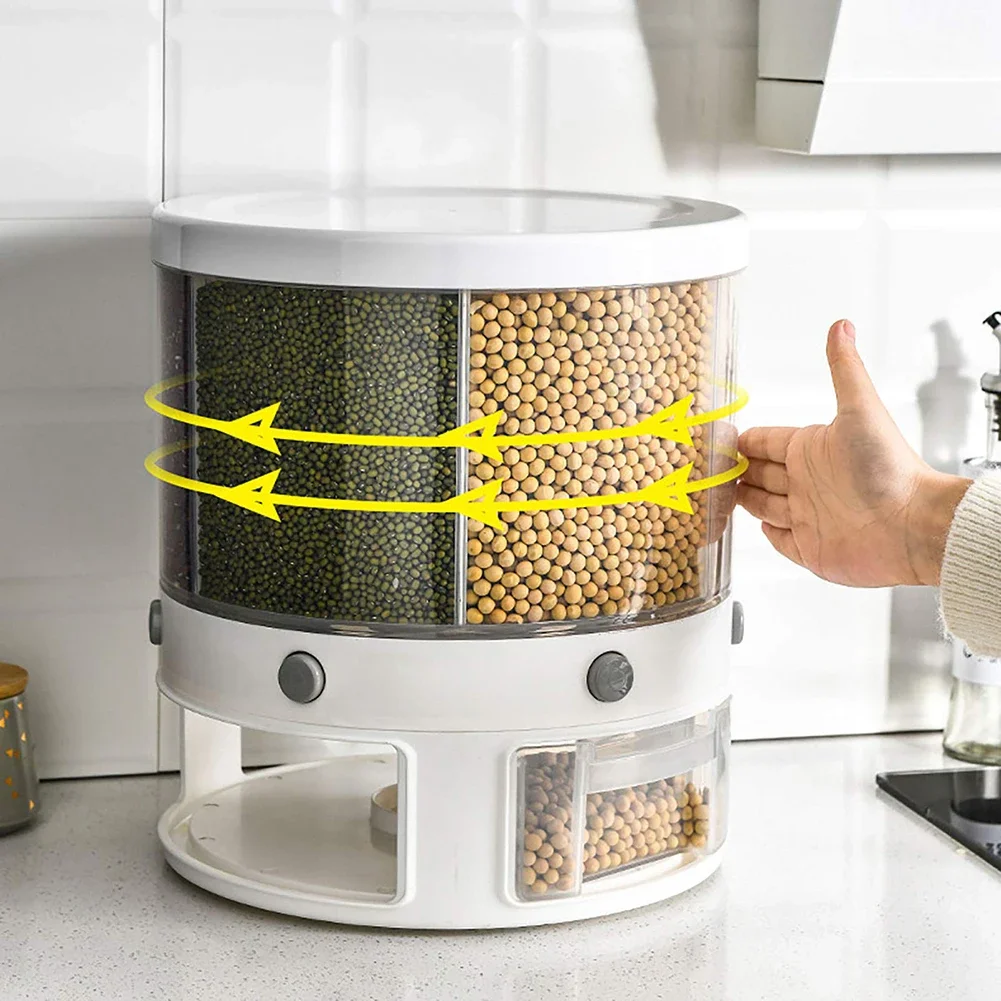 

6 Rice Container Bucket Grains Organizer Food Storage Dispenser Grid Kitchen Rotating Dry Box Measuring