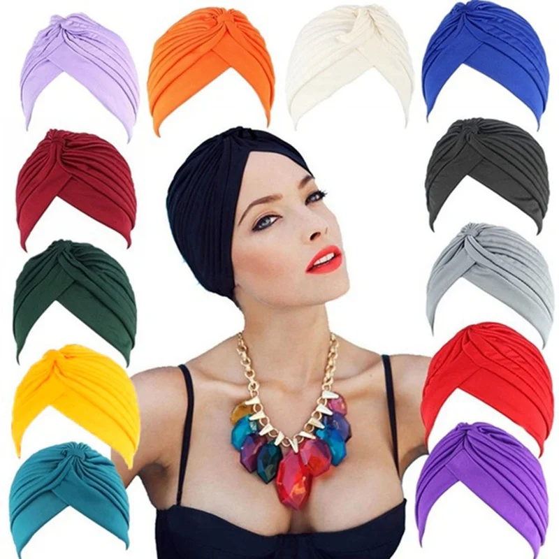Ladies Fashion Hijabs Hats Women Pleated Underscarf Muslim Stretch Turban Hat Solid Color Hair Cover Beanies Headwear New