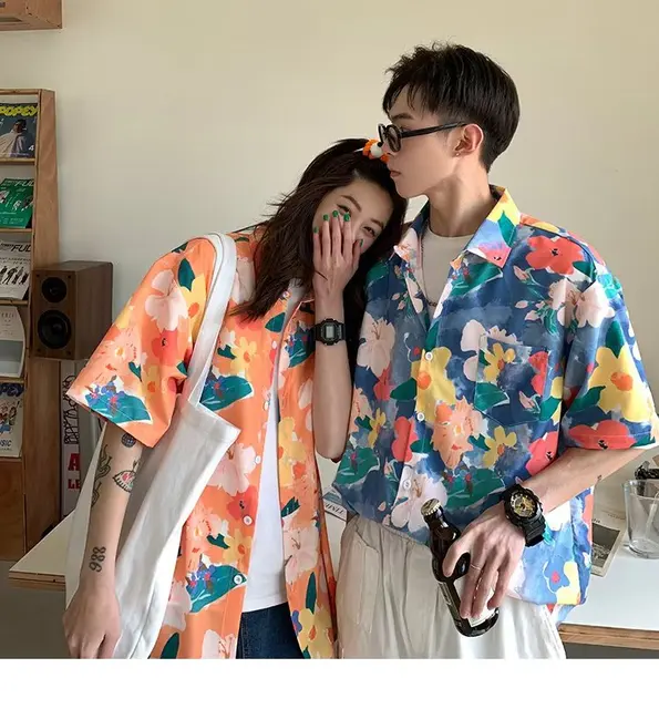 New Couple Japanese Shirt Harajuku Oversized Short Sleeve Shirt for Men Women  Hawaiian Print Flower Shirt Geometric Streetwear - AliExpress