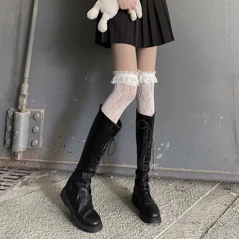 1 Pair Lolita Lace Stockings Women White Black Thigh Transparent Heart Over Knee Socks Female Jk Long Stocking Pantyhose