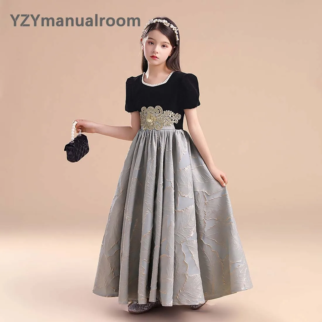 

Velvet Flower Girl Dress for Kids Wedding Bridesmaid Pageant Party Prom Formal Ball Gown Princess Puffy Jacquard fabric Dresses