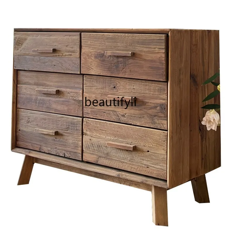 

yj American Country Pine Chest of Six Drawers Solid Wood Vintage Locker Distressed Wall Sideboard Cabinet