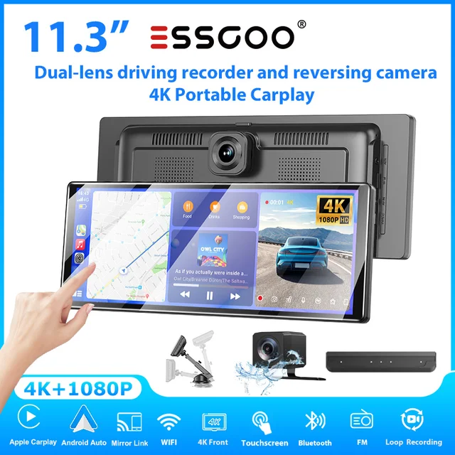 ESSGOO Écran universel 11,3 pouces 4K, autoradio portable Carplay, Android Auto, caméra embarquée double objectif, caméra arrière, GPS, AUX, BT, USB 1