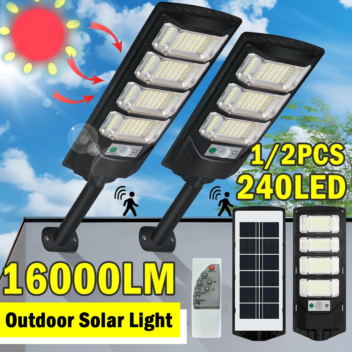 Description Picture 2 of item250W Powerful Solar Lights 240LED Outdoor Sunlight Charge Motion Sensor Waterproof Solar Street Light Garden Led Solar Spotlight