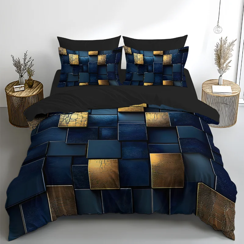 2/3Pcs 3D Space Cartoon Bedding Set, Blue Golden Abstract Pattern Ultra Soft Brushed Polyester, Wrinkle Free Skin Friendly