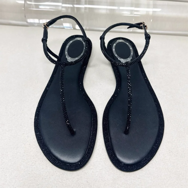 Pinch Toe Bling Bling Rhinestone Bordered Flat Sandals Women's One Strap Ankle Strap Sandalias De Mujer Summer Vacation Shoes