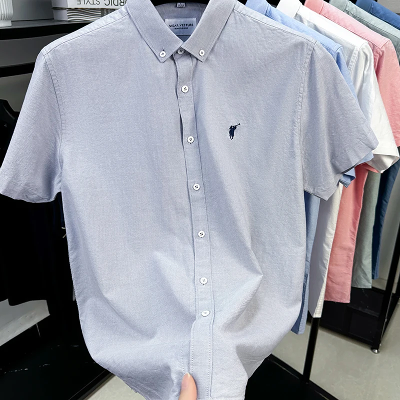 Solid Color Cotton Embroidered Small Horse Logo Shirt, Men's Short Sleeved Casual Versatile High-end Spring and Autumn Shirt