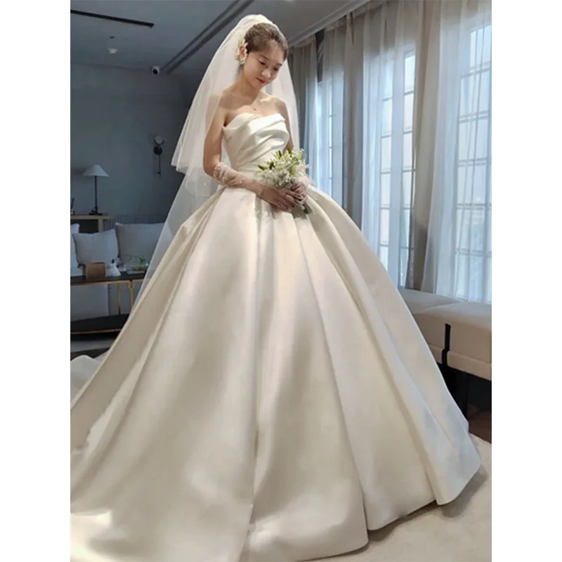 

Sexy Strapless Wedding Gowns 2023 New Satin Sukienki Na Wesele Damskie With Train Classic Princess Simple Robe De Mariee