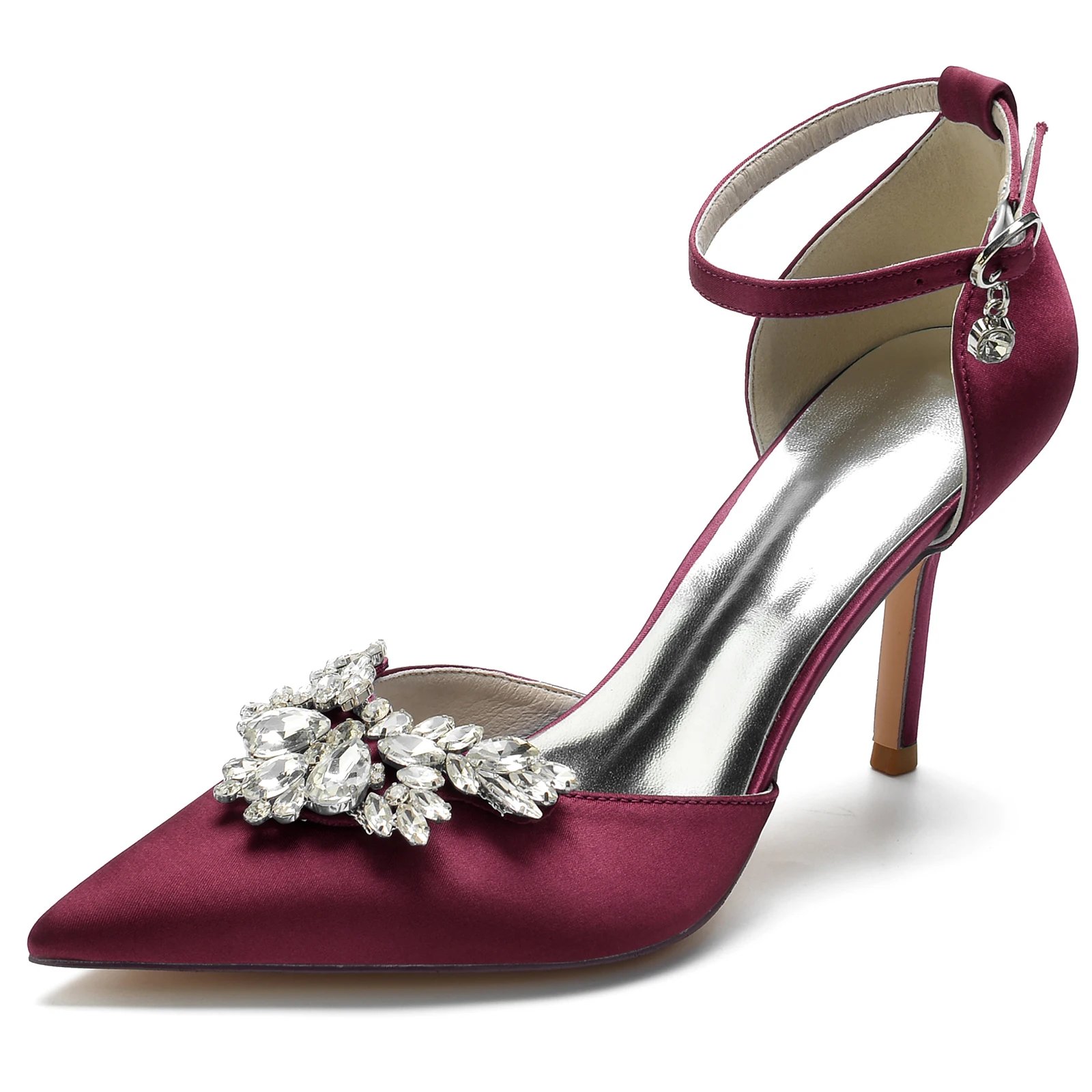 

D'orsay Lady Satin Evening Dress Thin Heels with Big Stone Crystals Bridal Wedding Pumps Ankle strap Pointed Toe Shoes Wine Blue