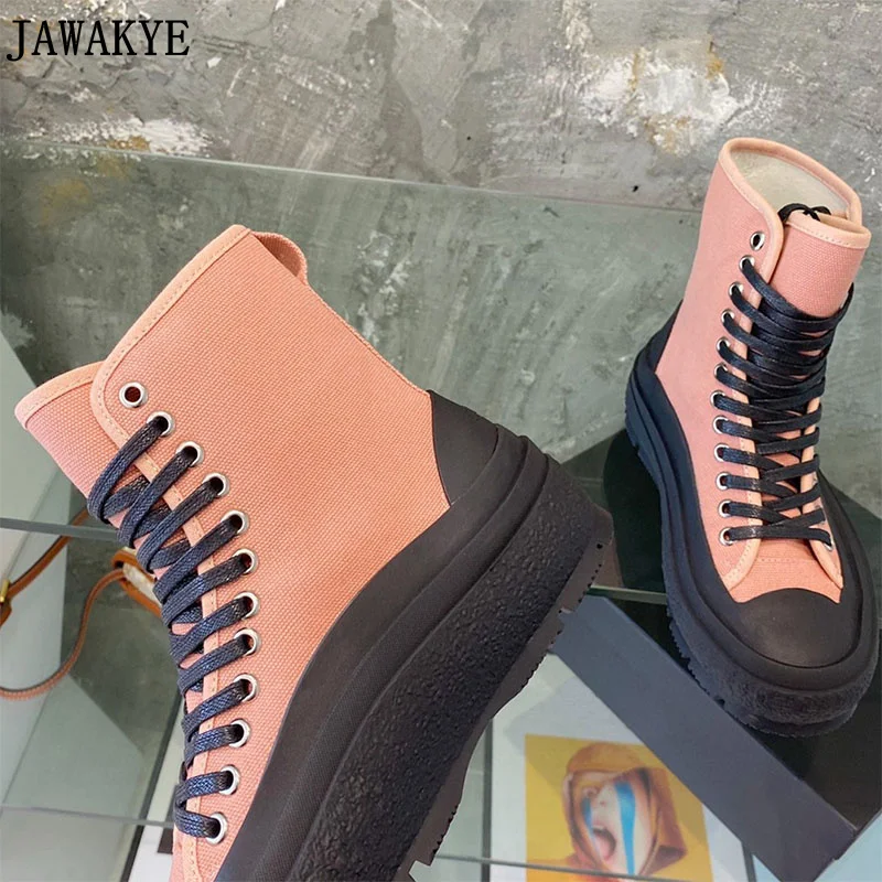 

Designer New Lace Up Canvas Millitary Boots Flat Platform Ankle Boots Winter Casual Outdoor Motorcycle Boots Women Botas Mujer