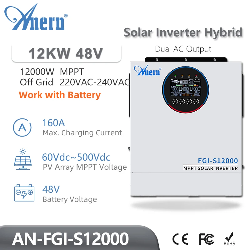 Anern 5KW 6.5KW 12KW Hybrid Solar Inverter Off Grid Pure Sine Wave ...
